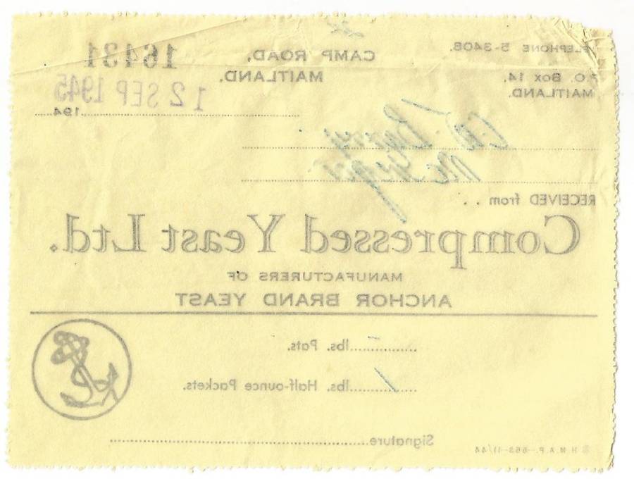 Union of SA-Compressed Yeast LTD-1945-No 16431-Receipt