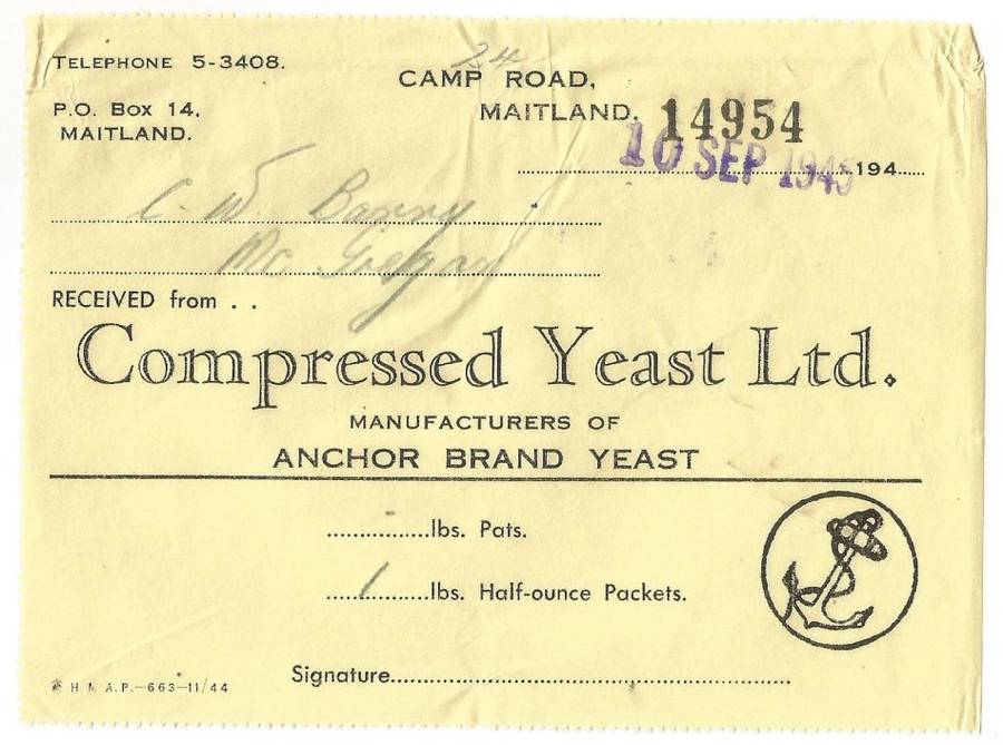 Union of SA-Compressed Yeast LTD-1945-No 14954-Receipt