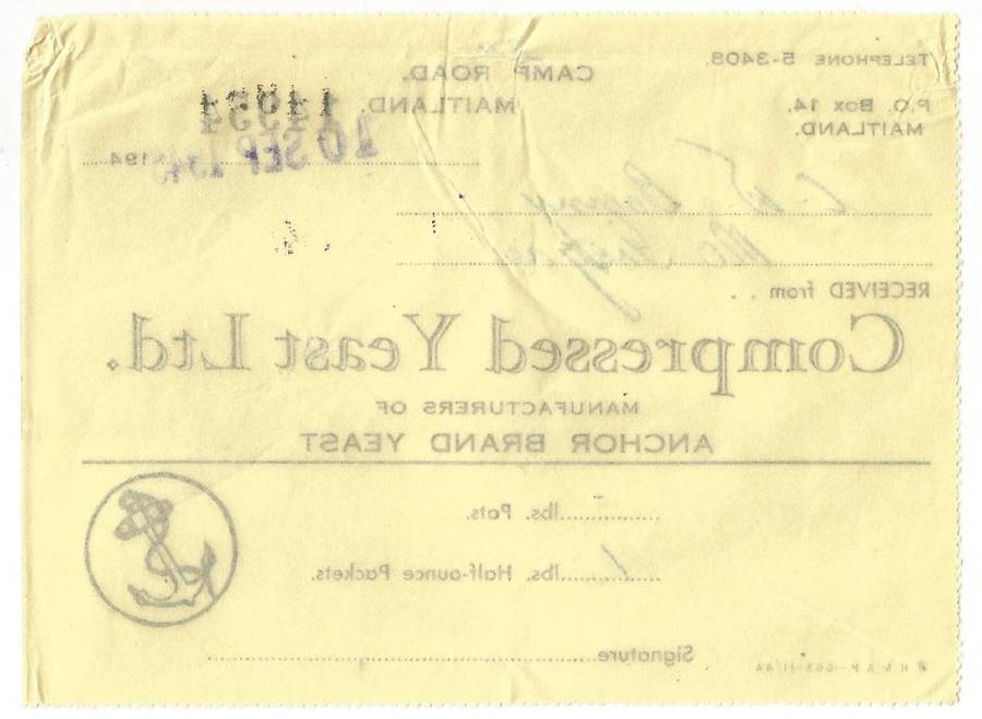 Union of SA-Compressed Yeast LTD-1945-No 14954-Receipt