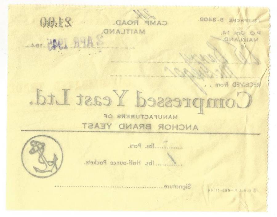 Union of SA-Compressed Yeast LTD-1945-No 2100-Receipt