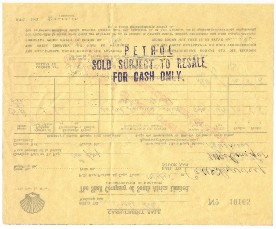 Union of SA-The Shell Company of South Africa Limited- Cash Receipt-1945-No 10165