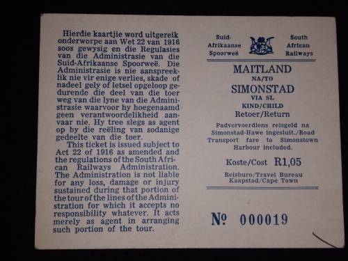 S.A.R. -Special Express Train-Ticket 000019-Cape Town Festival 1975-Maitland to Simonstad