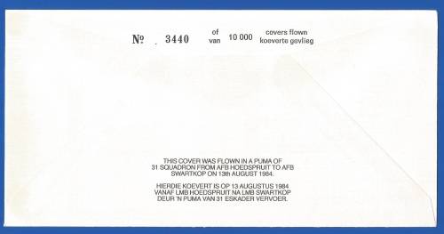 South African Air Force-FDC-No17-1984-No 3440 of 10000-Thematic-Military-Plane-Air Force