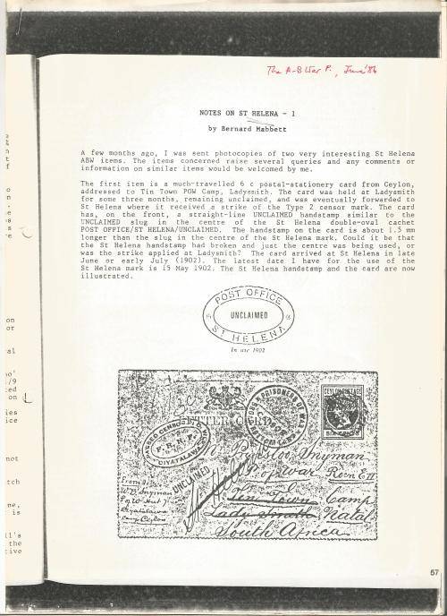 Reference Material-Philately-Boer war-Notes on St Helena-6xPages-ENG-History-Photocopies
