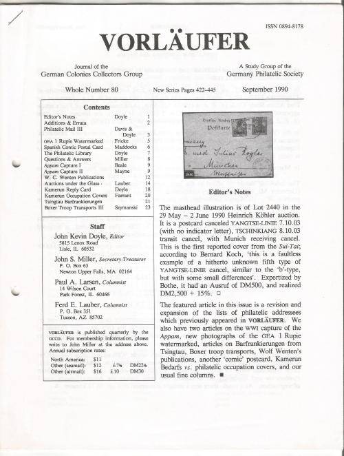 VORLAUFER Journal/Magazine-German Colonies Collectors Group-September 1990-Pg80.1-80.24