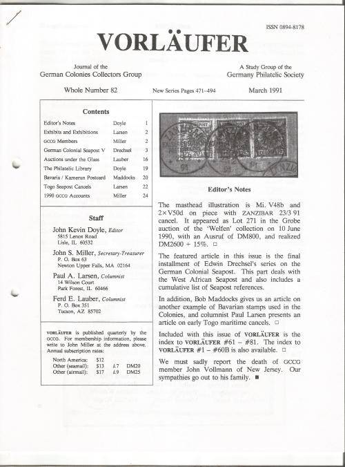 VORLAUFER Journal/Magazine-German Colonies Collectors Group-March 1991-Pg82.1-82.24