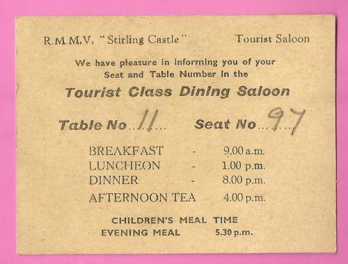 Vintage-R.M.M.V Stirling Castle-Tourist Class Dining Saloon-Table no 11 - Seat no 97 Ephemera