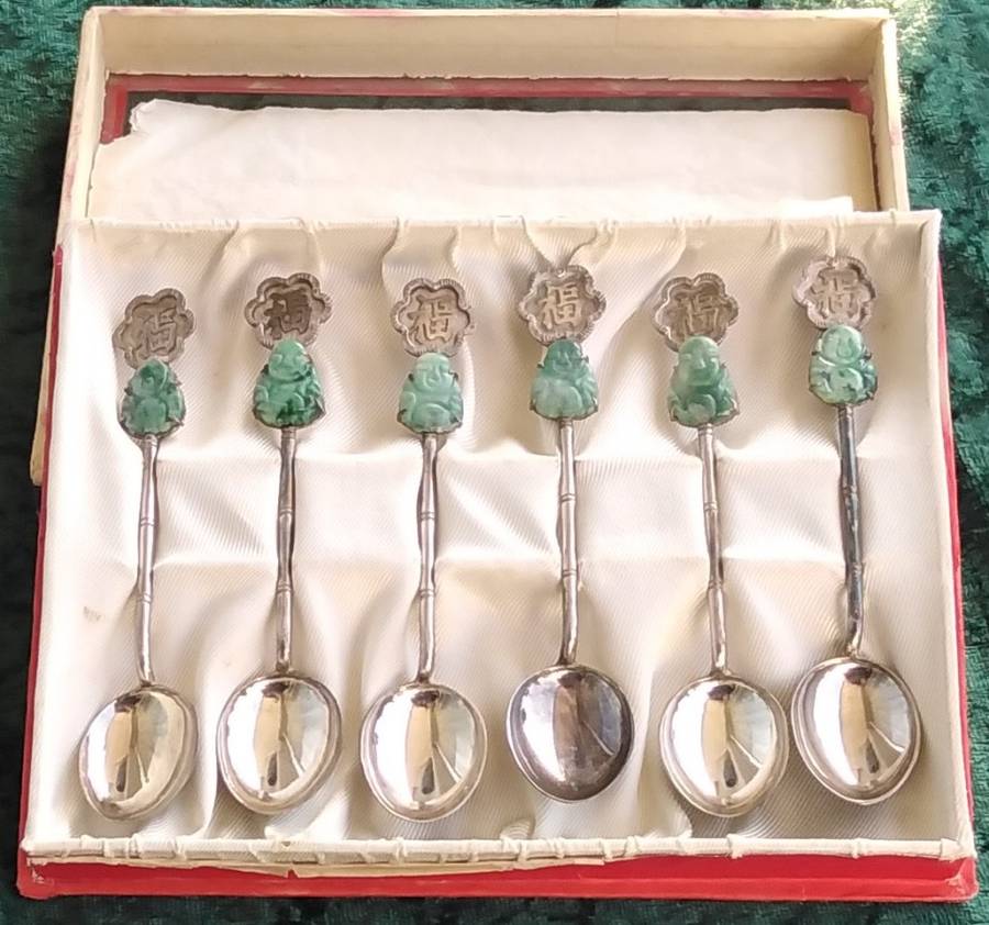 Jade Buddha teaspoons. Chinese Silver No grade markings`Long Life`
