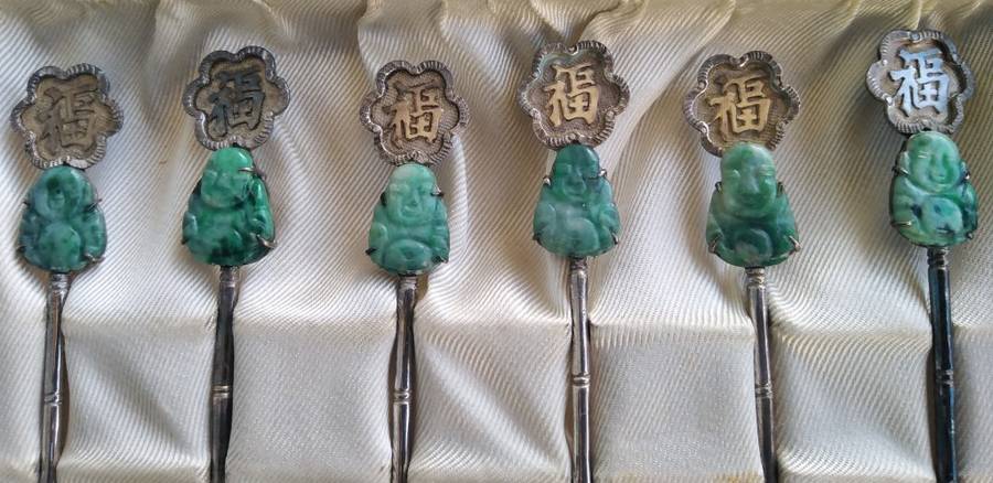 Jade Buddha teaspoons. Chinese Silver No grade markings`Long Life`