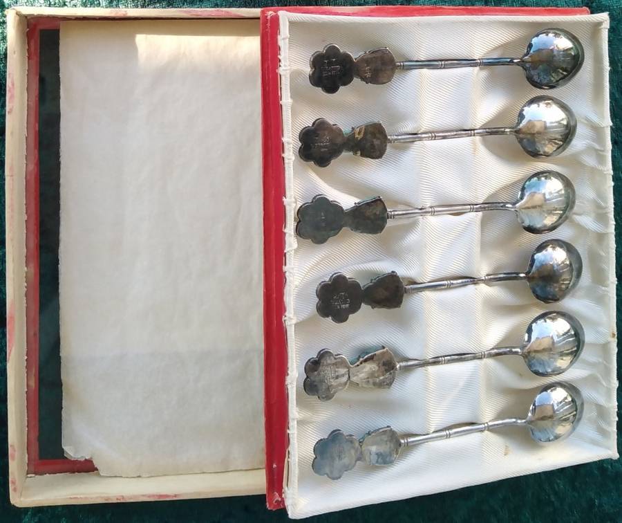 Jade Buddha teaspoons. Chinese Silver No grade markings`Long Life`