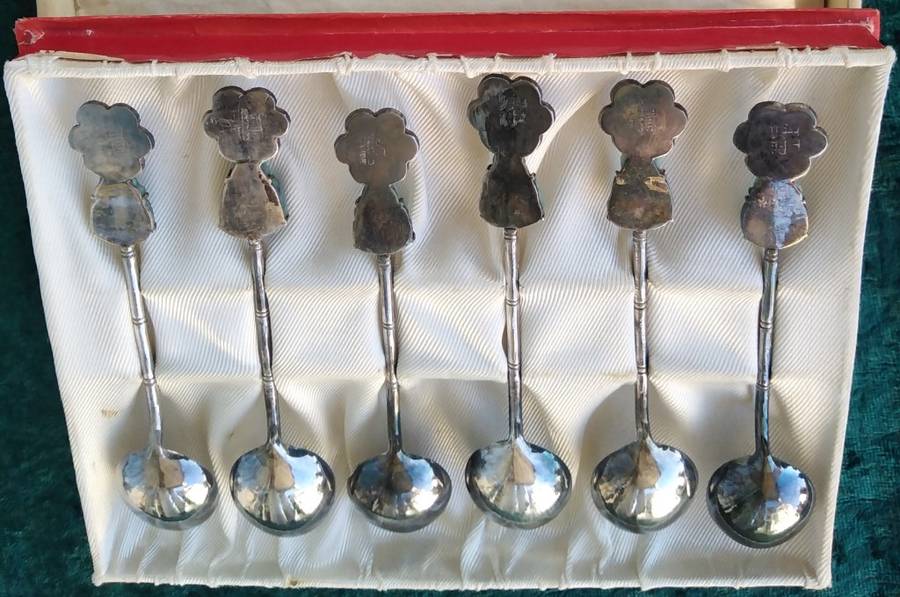 Jade Buddha teaspoons. Chinese Silver No grade markings`Long Life`