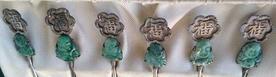 Jade Buddha teaspoons. Chinese Silver No grade markings`Long Life`