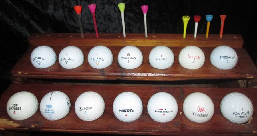 Sport-Golf Ball Collection-Memorabilia Homemade Stand with 35 Golf Balls from different competitions