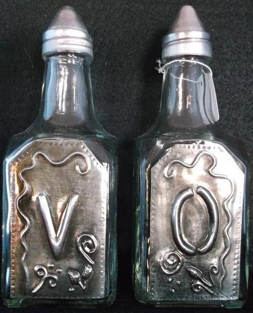 Glass Olive Oil and Vinegar glass Bottle Set  - Handcrafted Pewter Art