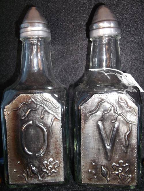 Glass Olive Oil and Vinegar glass Bottle Set  - Handcrafted Pewter Art