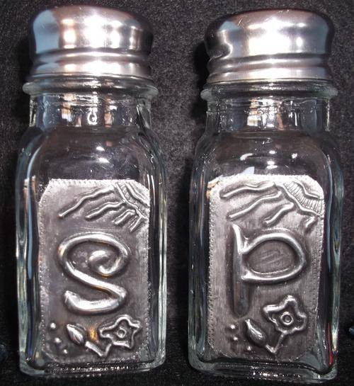 Glass Salt & Pepper glass Bottle Set  - Handcrafted Pewter Art
