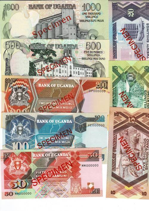 Uganda Perfect unc Banknote set  1000 500 200 100 50 20 10 5 shillings 1987 to 1996