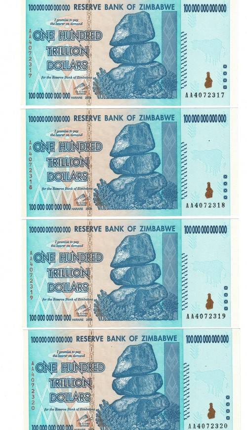 4 x 100 trillion Zimabwe notes Perfect UNC AA prefix in sequence