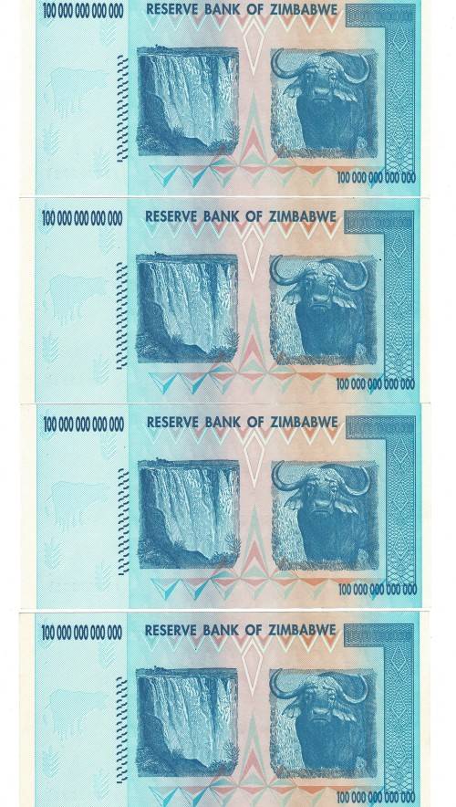 4 x 100 trillion Zimabwe notes Perfect UNC AA prefix in sequence