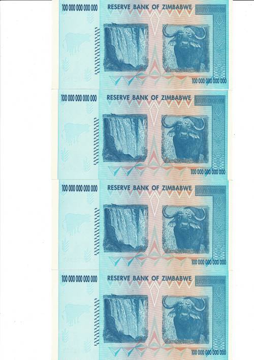 4 x 100 trillion Zimabwe notes Perfect UNC AA prefix in sequence