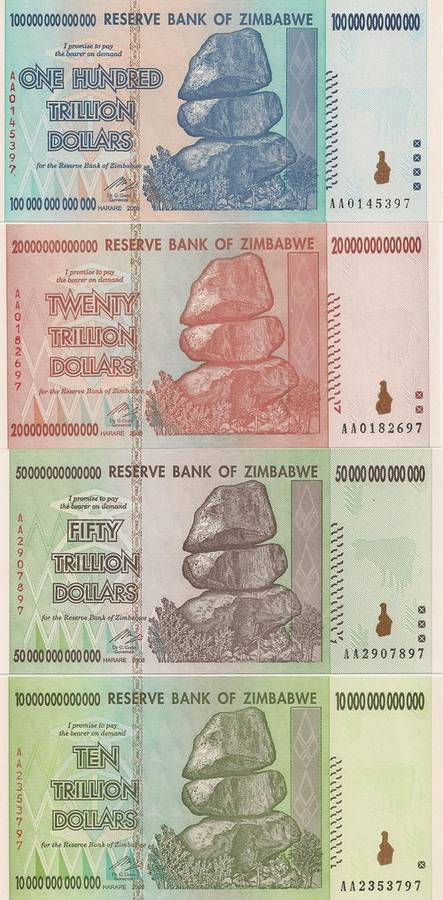 Zimbabwe 4 notes Set.. Uncirculate... AA prefix.. Excellent gift
