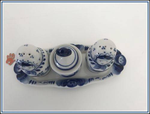 Salt and pepper set with mustard pot Gzhel hand painted