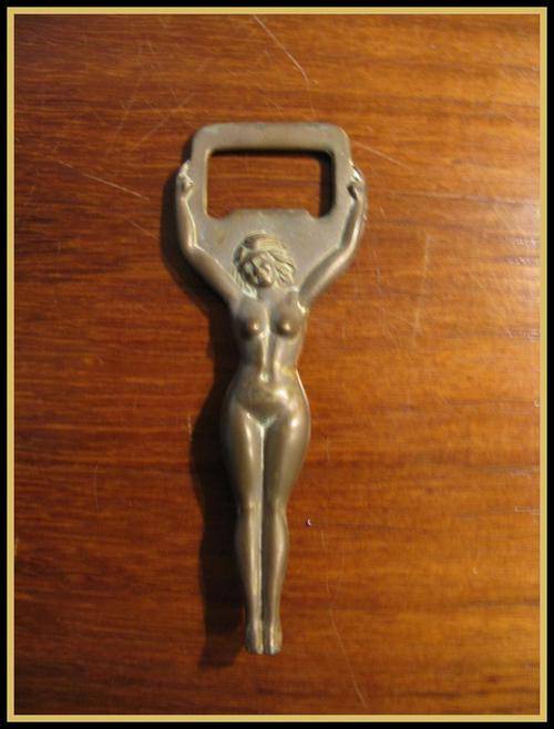 Brass Art Deco bottle opener. Nude woman