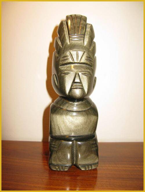 Tiger eye carved Sun god - Aztec totem. Height 17cm.