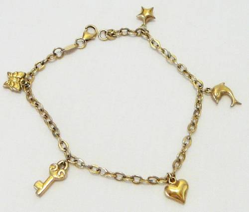 9 ct Gold Plated Silver Charm Bracelet with 5 Charms.