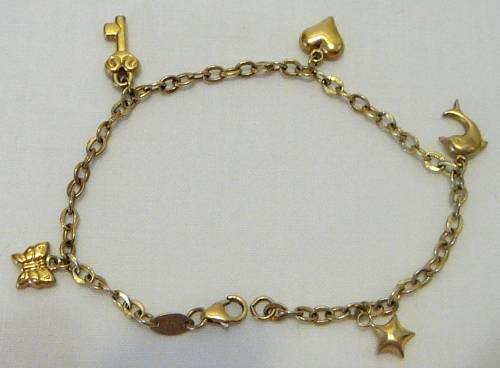 9 ct Gold Plated Silver Charm Bracelet with 5 Charms.
