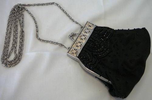 A Very Smart Black Beaded Evening Bag on Long Silver Coloured Chain