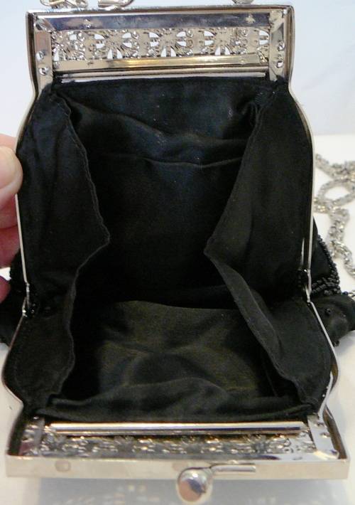 A Very Smart Black Beaded Evening Bag on Long Silver Coloured Chain