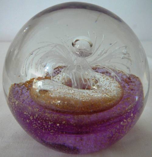 Beautiful Clear, Purple, Gold, White Paperweight