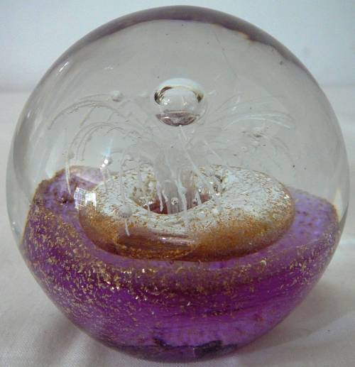Beautiful Clear, Purple, Gold, White Paperweight