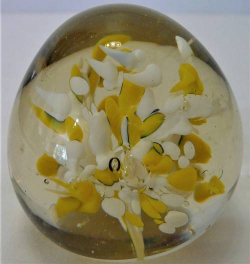 A Very Pretty Yellow and White Glass  Paperweight