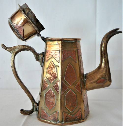 A Vintage Middle Eastern Copper Inlaid Brass Coffee Pot