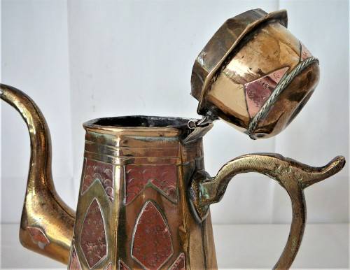 A Vintage Middle Eastern Copper Inlaid Brass Coffee Pot