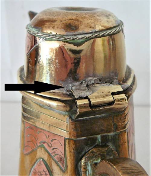 A Vintage Middle Eastern Copper Inlaid Brass Coffee Pot