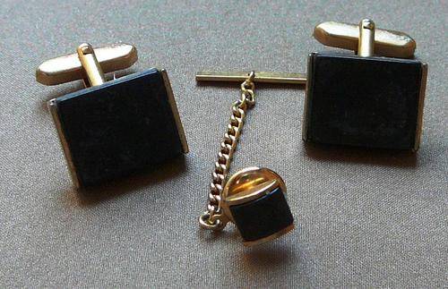 Black Stone and Gold Coloured Cuff links and Matching Tie Pin