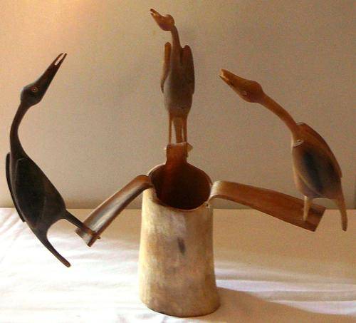 3 Carved Birds on a Tree