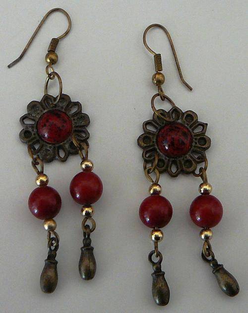 Brassy Long Drop Earrings with Red Stones