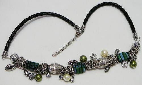 Glass and Silver Coloured beads Necklace on Leather Thong