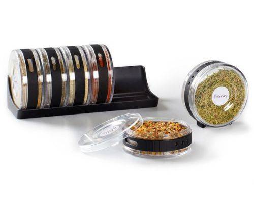 CYLINDRA SPICE RACK w/ 6 disc shaped jars 