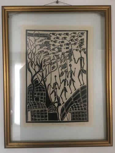 A rare linocut from Bhekisani Manyoni entitled `Boys chasing Swallows` limited edition 6/100.