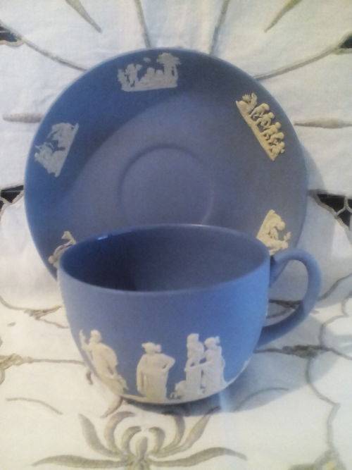 Wedgwood Jasperware blue and white tea cup and saucer,   in excellent condition.