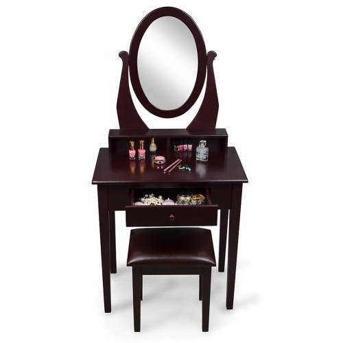 WOODEN DRESSING TABLE WITH OVAL MIRROR AND COMFORTABLE PADDED PU STOOL