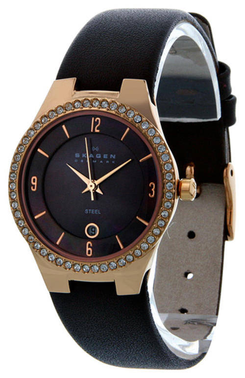 Skagen Brown Mother of Pearl Swarovski Crystal Brown Leather Ladies Watch