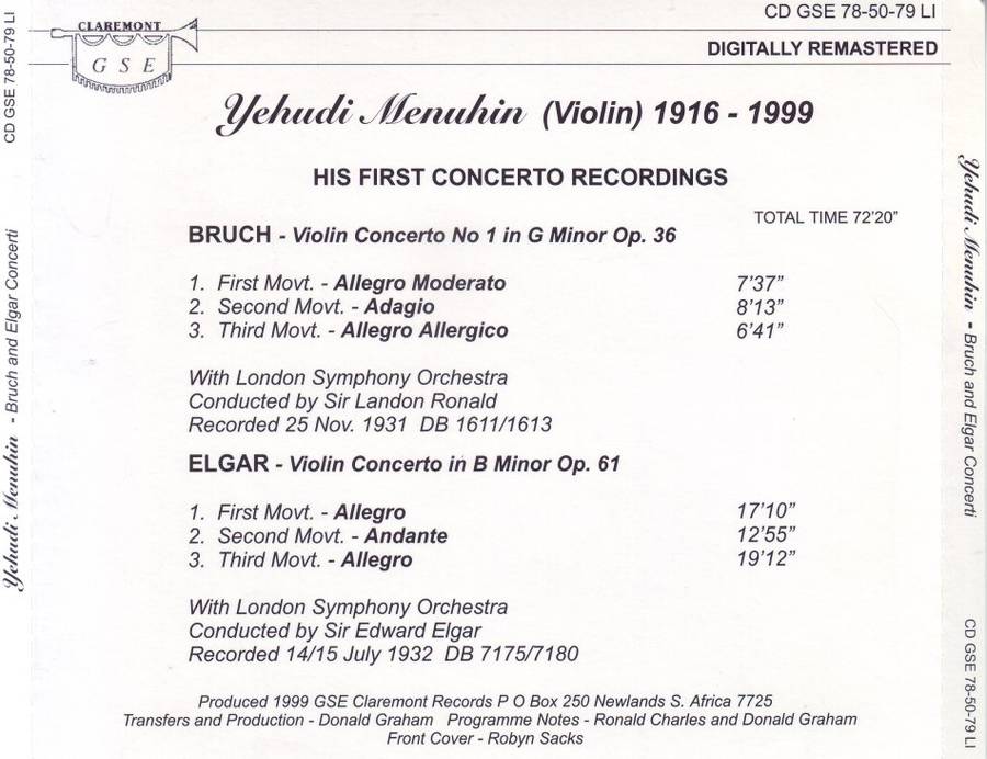 YEHUDI MENUHIN - Bruch and Elgar concerti (CD) CD GSE 78-50-79 LI EX