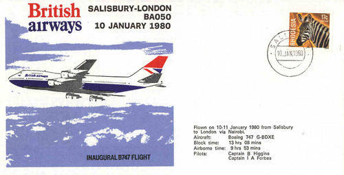 RHODESIA FLIGHT COVER - BA - SALISBURY - LONDON- via NAIROBI - BA051 10 JANUARY 1980