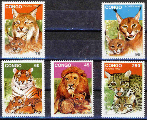 CONGO 1992 BIG WILD CATS COMPLETE UNMOUNTED MINT SET SG#1318-22